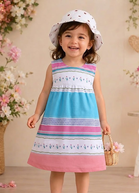 Annie Girls Colorful Striped Floral Sleeveless Pink Frock
