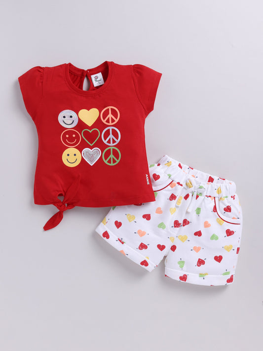 Red Printed Top Hot Pant Set for Girls by Annie