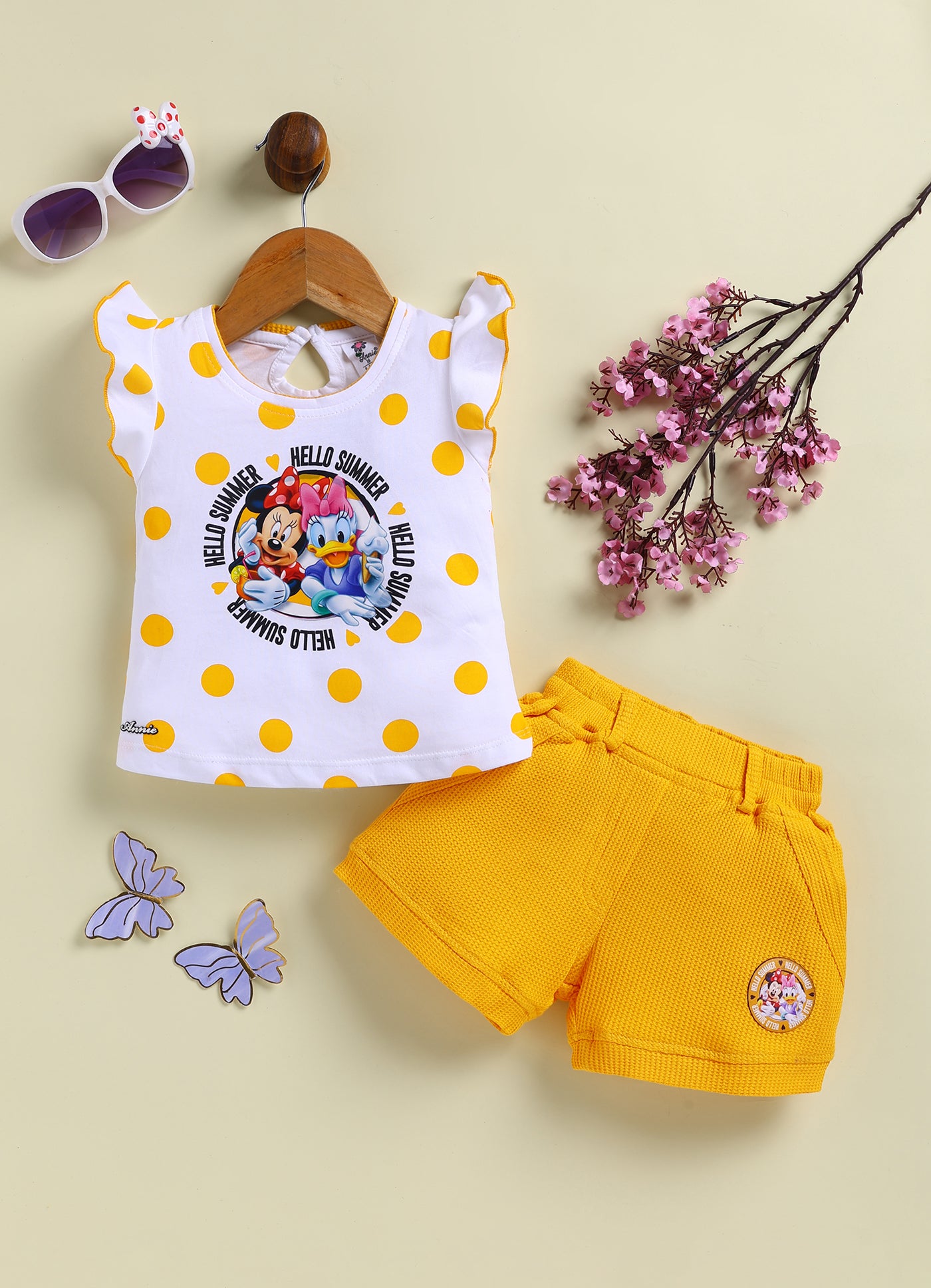 Annie Girls Minnie Mouse & Daisy Duck "Hello Summer" Polka Dot Yellow Top and Shorts Set
