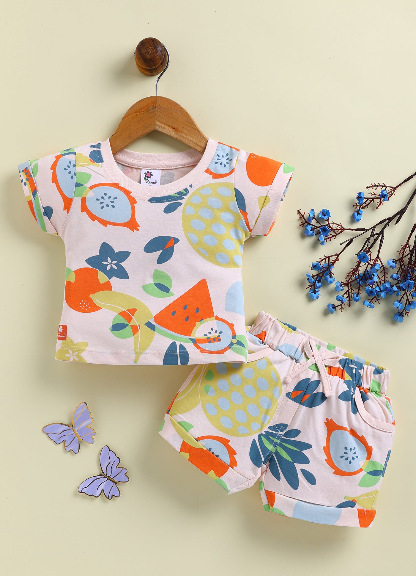 Annie Girls Tropical Fruit Print Baby PinkT-Shirt and Shorts Set