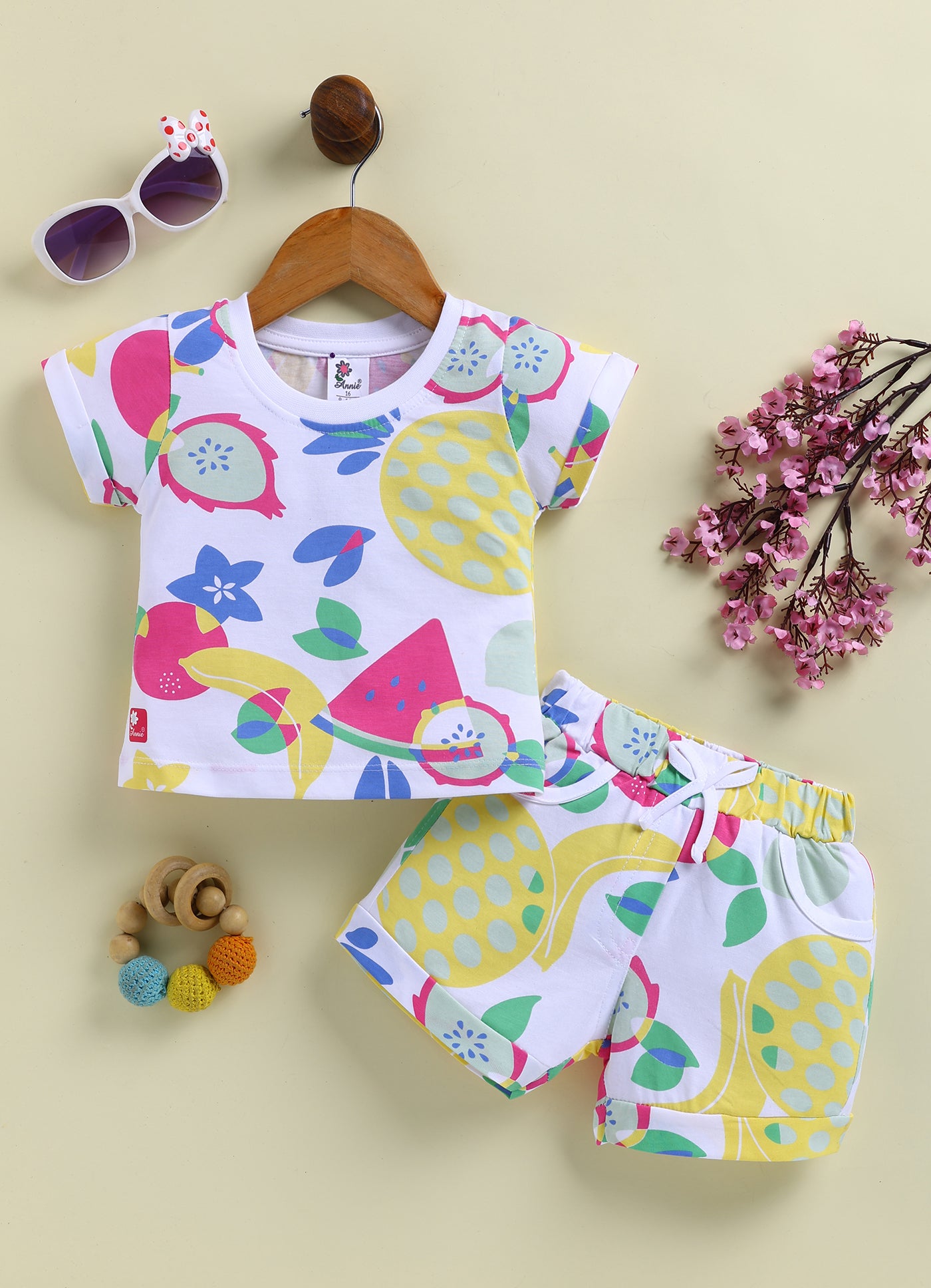 Annie Girls Tropical Fruit Print White T-Shirt and Shorts Set