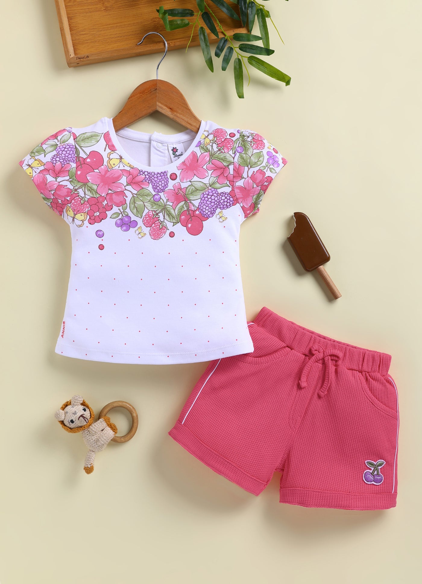 Annie Girls Floral & Berry Print Top and Red Shorts Set