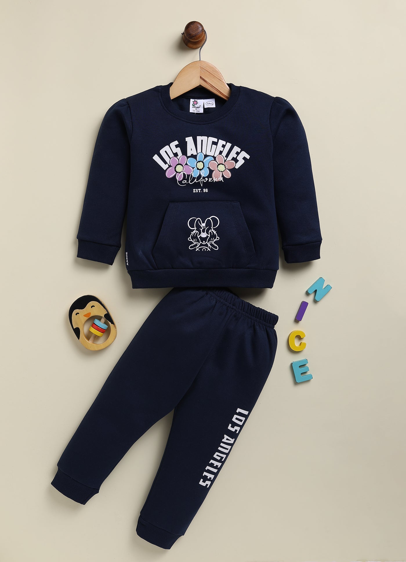 Annie Kids Fleece Knit to Knit Full Sleeves Los Angeles Text Printed Winterwear Sweatshirts & Pant - Red