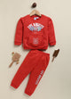 Annie vibrant red Los Angeles graphic sweatshirt and jogger clothing set for girls featuring a floral typography print, a Minnie Mouse outline on a kangaroo pocket, and matching printed sweatpants.