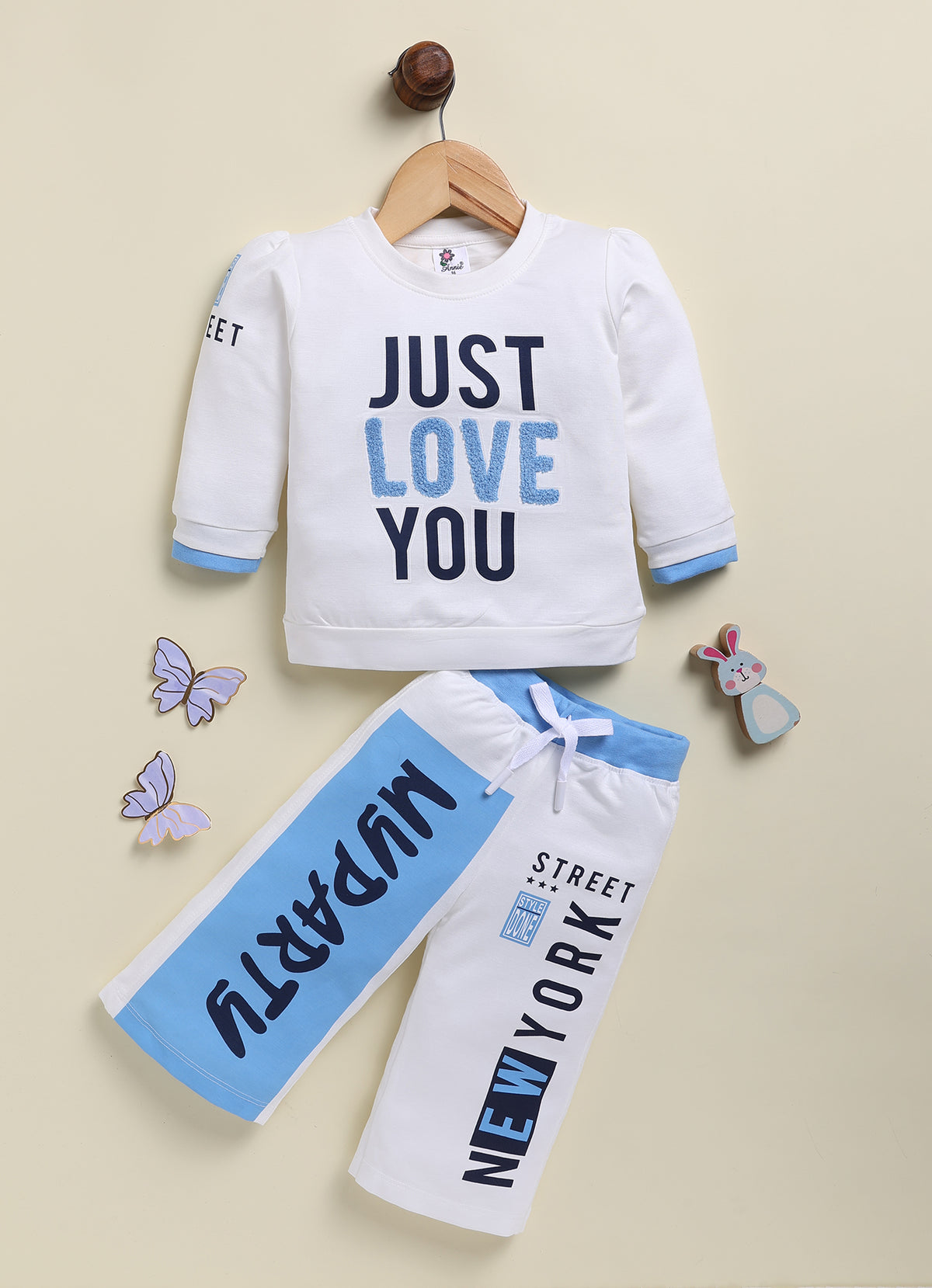 Annie White & Blue Sweatshirt and Jogger Set for Girls