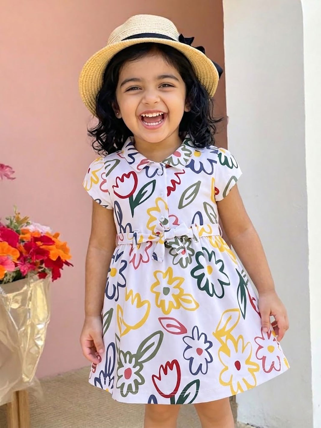 Flat lay of an Annie brand girls short-sleeve white frock featuring a collared neckline front buttons a matching waist tie and a vibrant all-over abstract floral print in forest green navy blue yellow and red.