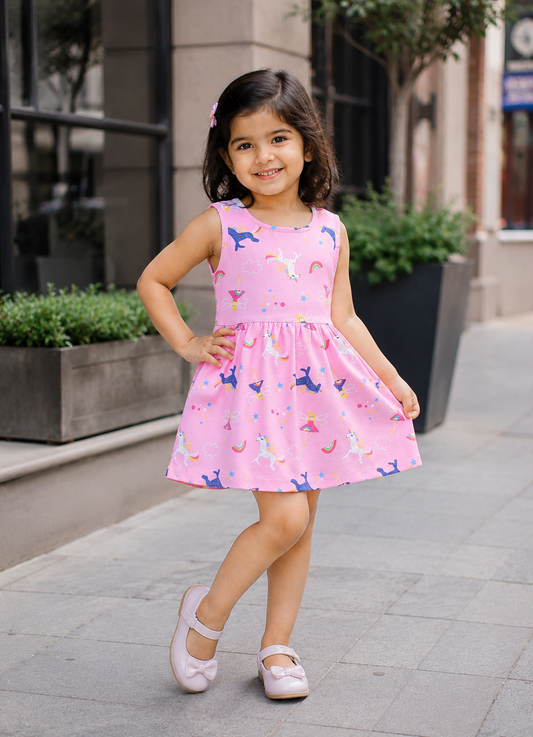 Annie Girls Magical Unicorn & Fairy Print Sleeveless Frock - Pink