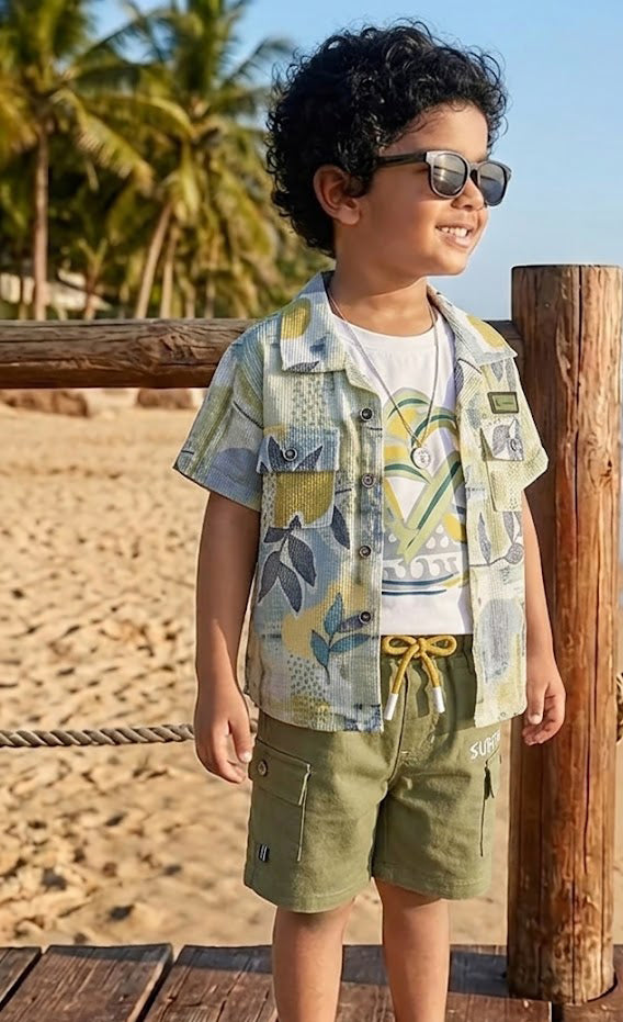 UNO KIDS Tropical Leaf Print 3-Piece Surf Suit Set for Boys-Green