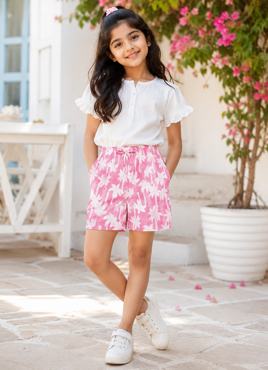 Biskid Peach Palm Tree Print Summer Shorts for Girls