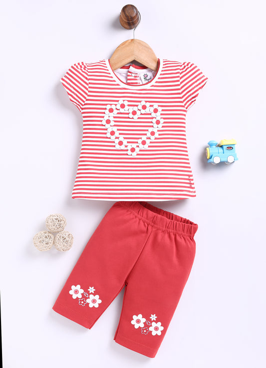 Red Love Shape Floral Stripes Top Capri Set for Girls by Annie