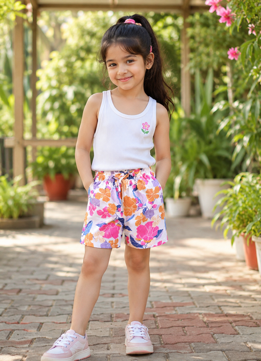 Biskid Vibrant Hibiscus Floral Casual Shorts for Girls