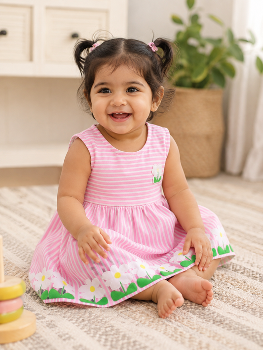 Annie Girls Pink Striped Floral Hem Sleeveless Frock