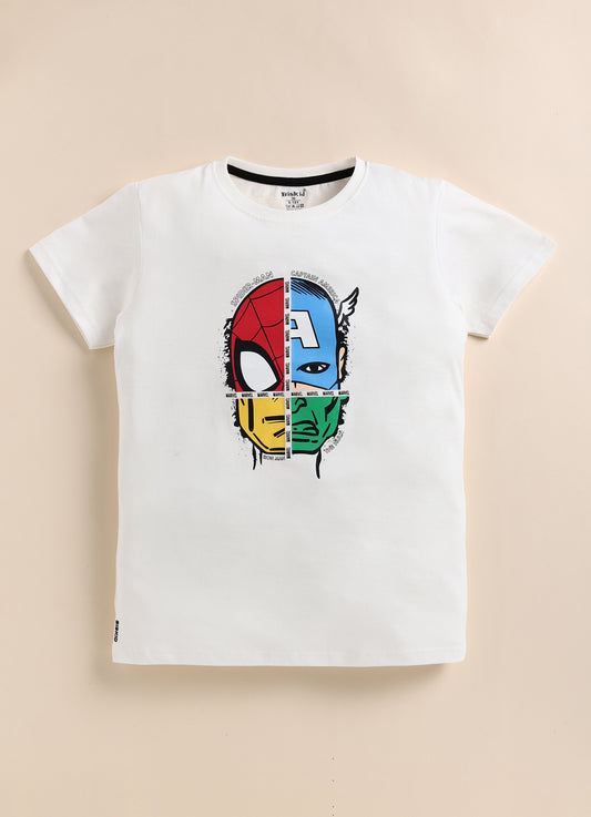 showing a smiling young boy with dark hair modeling a white Biskid brand short-sleeve t-shirt. The shirt features a graphic of a single face divided into four sections, each representing a different superhero: Spider-Man, Captain America, Iron Man, and Hulk.
