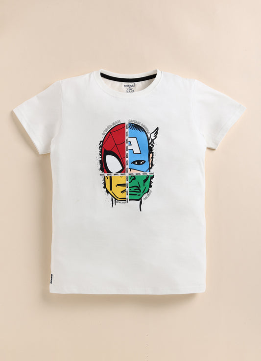 White Marvel Printed T-Shirt for Boys by Biskid