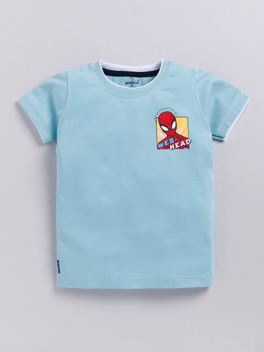 Image file Gemini_Generated_Image_2bgck62bgck62bgc.jpg showing a young boy wearing a sky-blue Biskid brand boys short-sleeve t-shirt with a Spider-Man "WEB-HEAD" graphic on the chest, paired with gray checkered shorts and white sneakers.