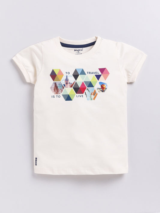 Beige Printed T-Shirt for Boys by Biskid