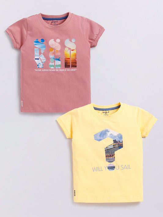 Peach & Yellow Printed T-Shirt for Boys by Biskid