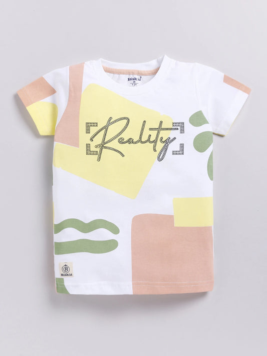 White&Yellow Printed T-Shirt for Boys by Biskid