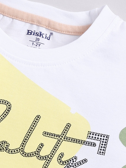 White&Yellow Printed T-Shirt for Boys by Biskid