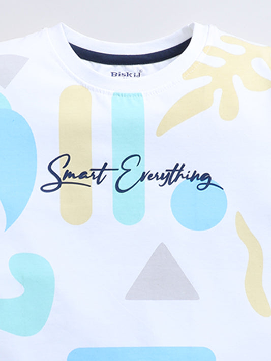 White & Blue Printed T-Shirt for Boys by Biskid