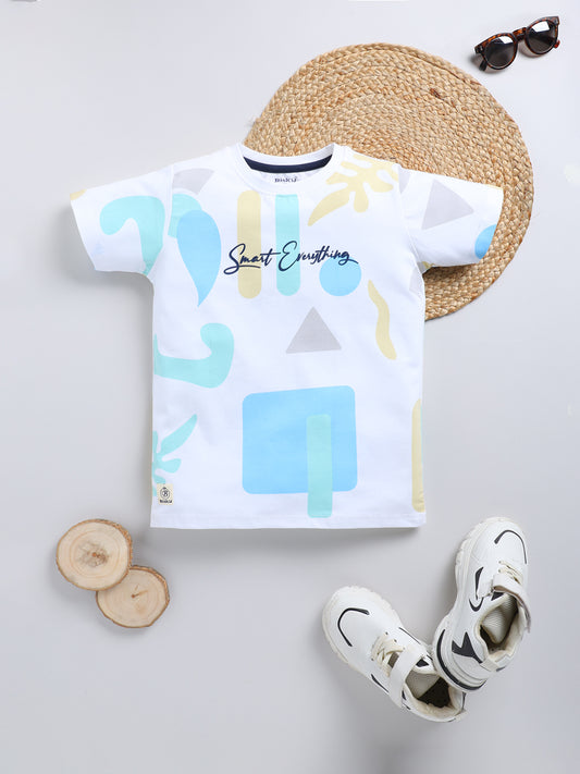 White & Blue Printed T-Shirt for Boys by Biskid