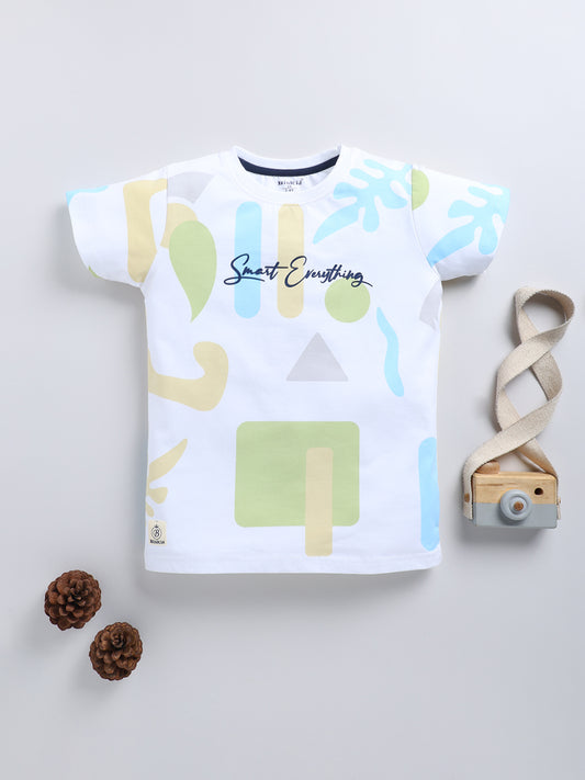 White & Green Printed T-Shirt for Boys by Biskid