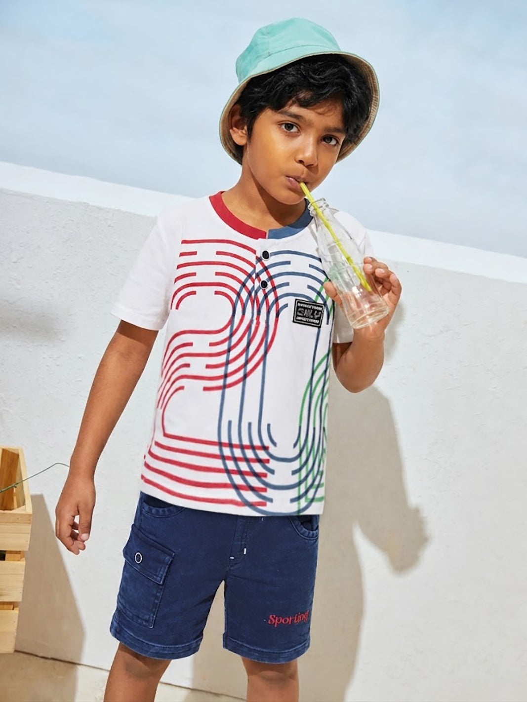 TODOS Boys Sporty Graphic Henley Red T-Shirt and Cargo Shorts Set
