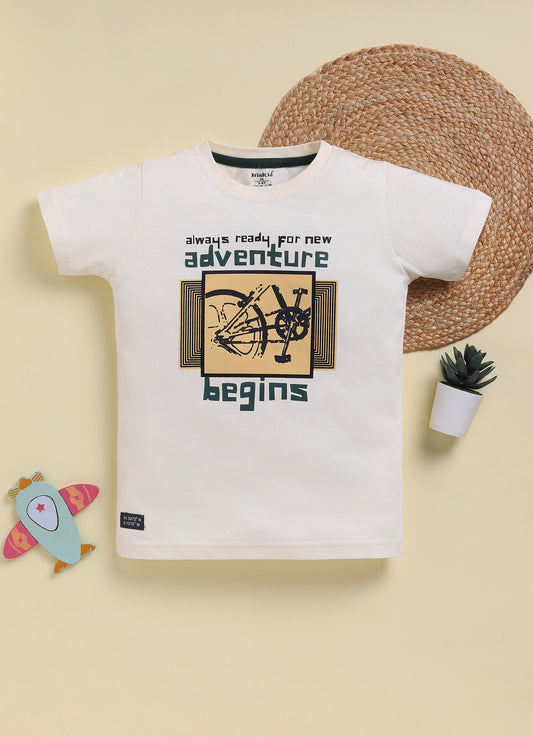 Cream Printed T-Shirt for Boys by Biskid