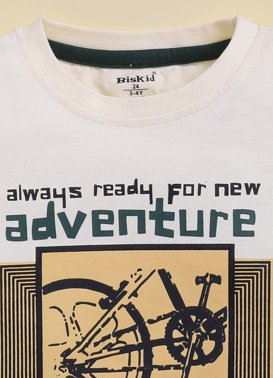 Cream Printed T-Shirt for Boys by Biskid