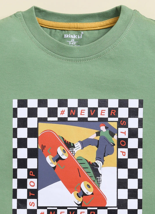 Pista Green Printed T-Shirt for Boys by Biskid