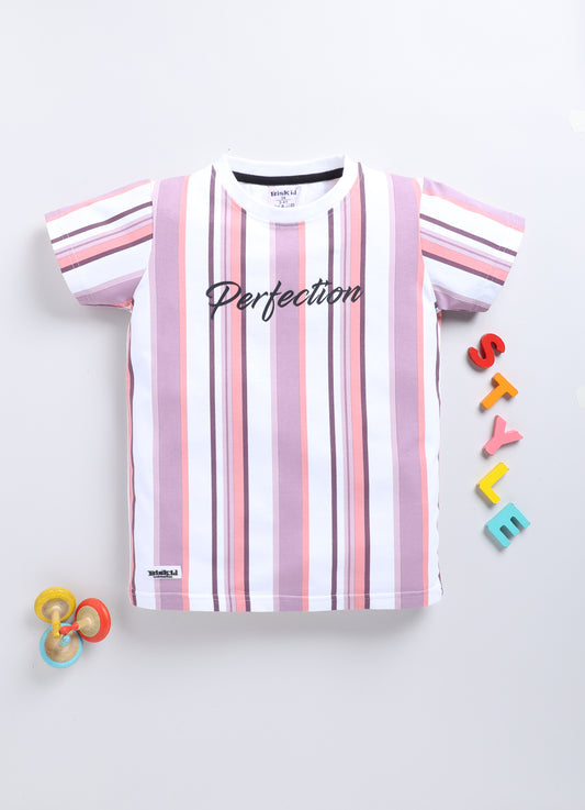 White & Mauve Stripes T-Shirt for Boys by Biskid