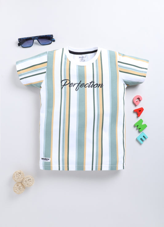 White & Olive Stripes T-Shirt for Boys by Biskid
