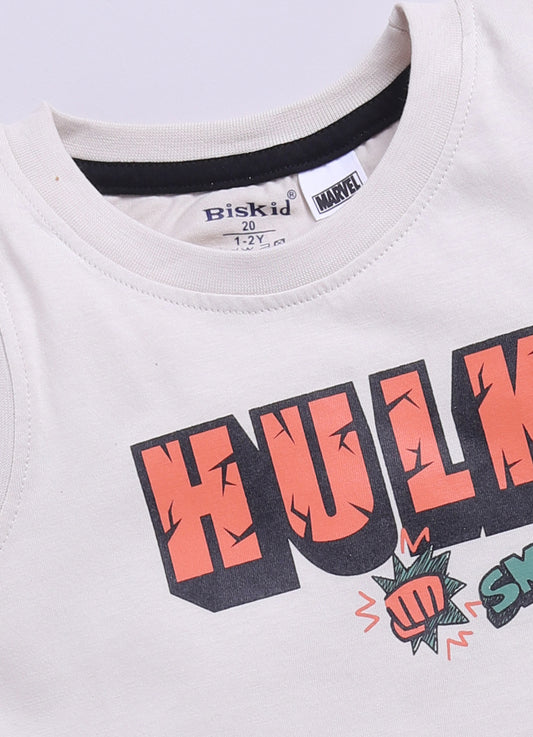 Beige Hulk Printed T-Shirt for Boys by Biskid