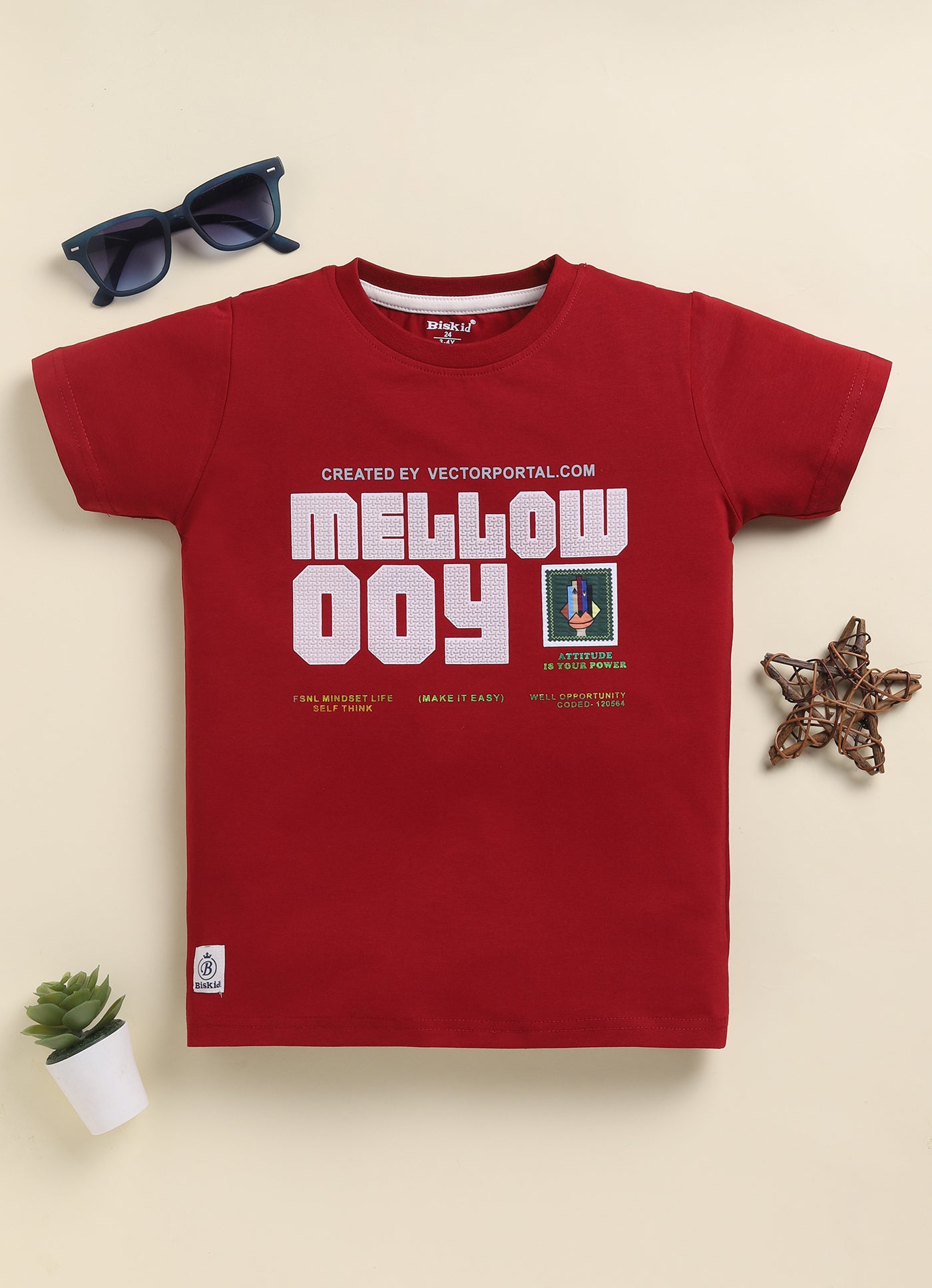 Biskid Boys Abstract Graphic and "MELLOW" Maroon Typographic Short-Sleeve T-Shirt Combo (Pack of 2)