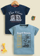 Image file 877-Blu--877-P.Blu.jpg showing a 2-pack of Biskid boys short-sleeve t-shirts featuring graphic prints, including a navy blue tee with "Cup Series USA 1975" typography and a pastel blue tee with "Board Rebels GAME" skateboard comic graphics.