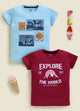 Image file 878-Mron--878-P.Blu.jpg showing a 2-pack of Biskid boys short-sleeve t-shirts featuring graphic prints, including a sky blue tee with basketball panel graphics and a maroon red tee with an "EXPLORE THE WORLD" mountain sunset graphic.