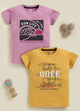 Image file 878-Mstrd--878-Onion.jpg showing a 2-pack of Biskid boys short-sleeve t-shirts featuring graphic prints, including an onion pink tee with a "SUN LIFE CHILL OUT PEACE" graphic and a mustard yellow tee with "GREE" typography and text overlays.