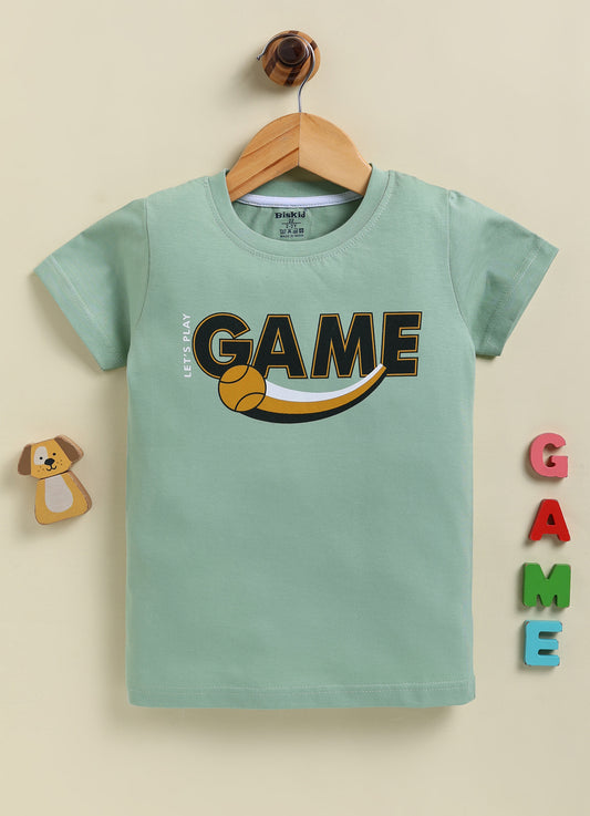 Image file unnamed (38).jpg showing a young boy wearing a Biskid brand mint green crew neck t-shirt with a bold "GAME" graphic, styled with beige casual shorts.