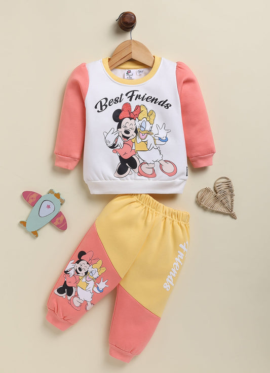 Annie Kids Fleece Knit to Knit Full Sleeves Minnie and Daisy Printed Winterwear Sweatshirts & Pant - Orange