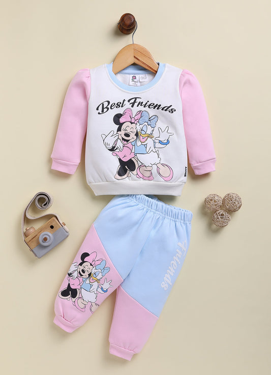 Annie Kids Fleece Knit to Knit Full Sleeves Minnie and Daisy Printed Winterwear Sweatshirts & Pant - Orange