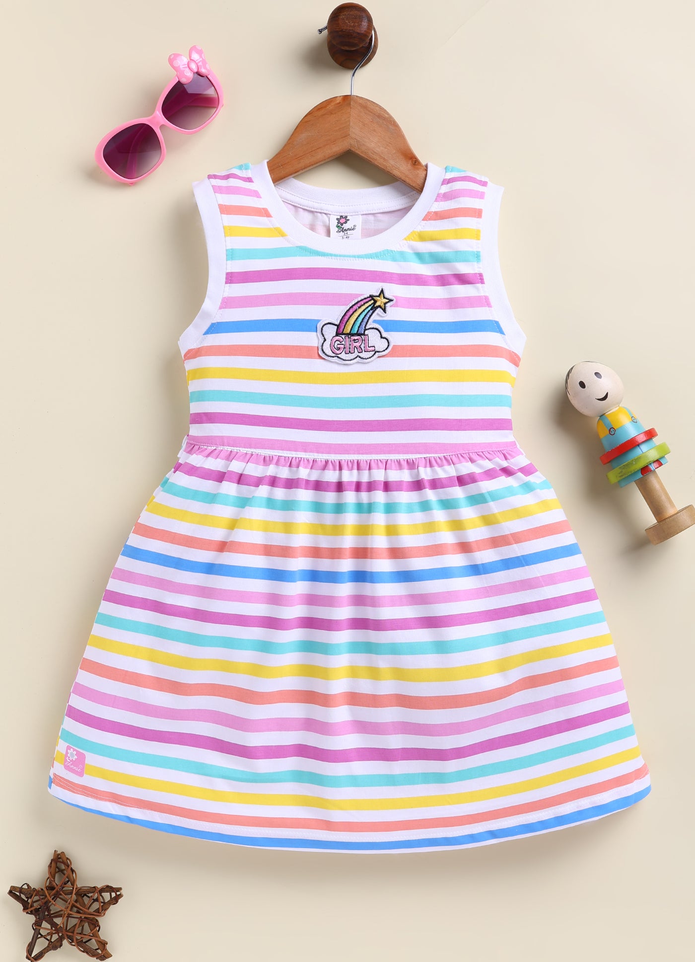 Annie Girls Pastel Rainbow Striped Sleeveless Pink Frock