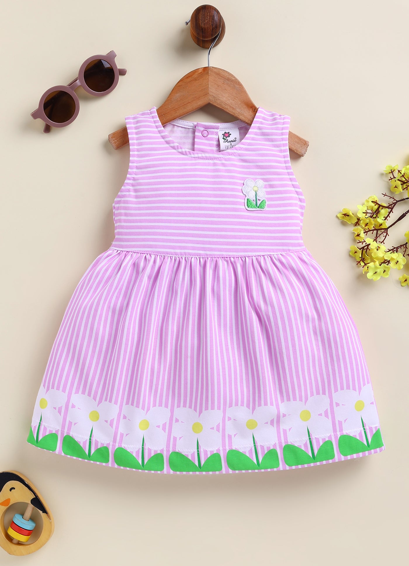 Annie Girls Purple Striped Floral Hem Sleeveless Frock
