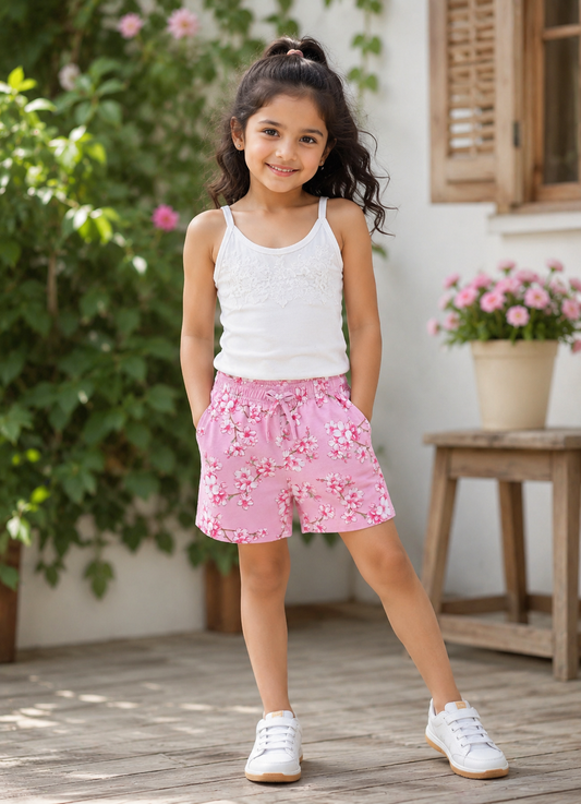 Biskid Pink Floral Print Casual Shorts for Girls