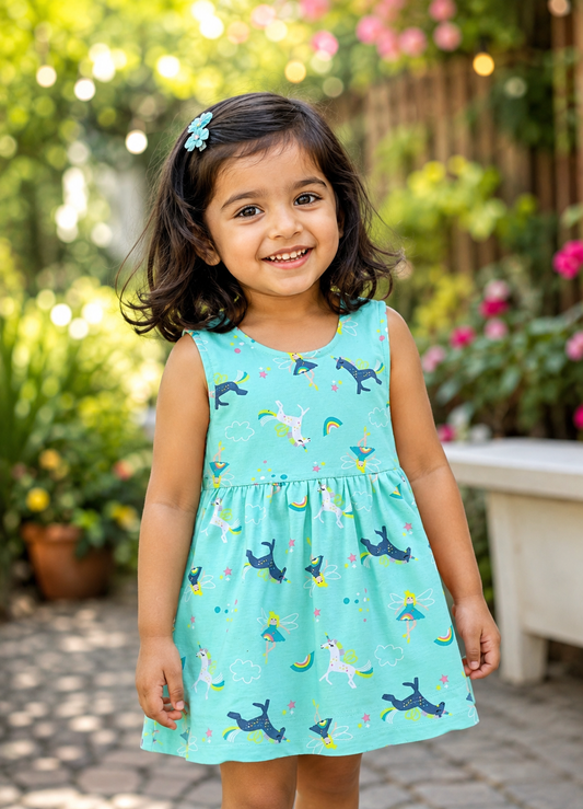 Annie Girls Magical Unicorn & Fairy Print Sleeveless Frock - Mint Green