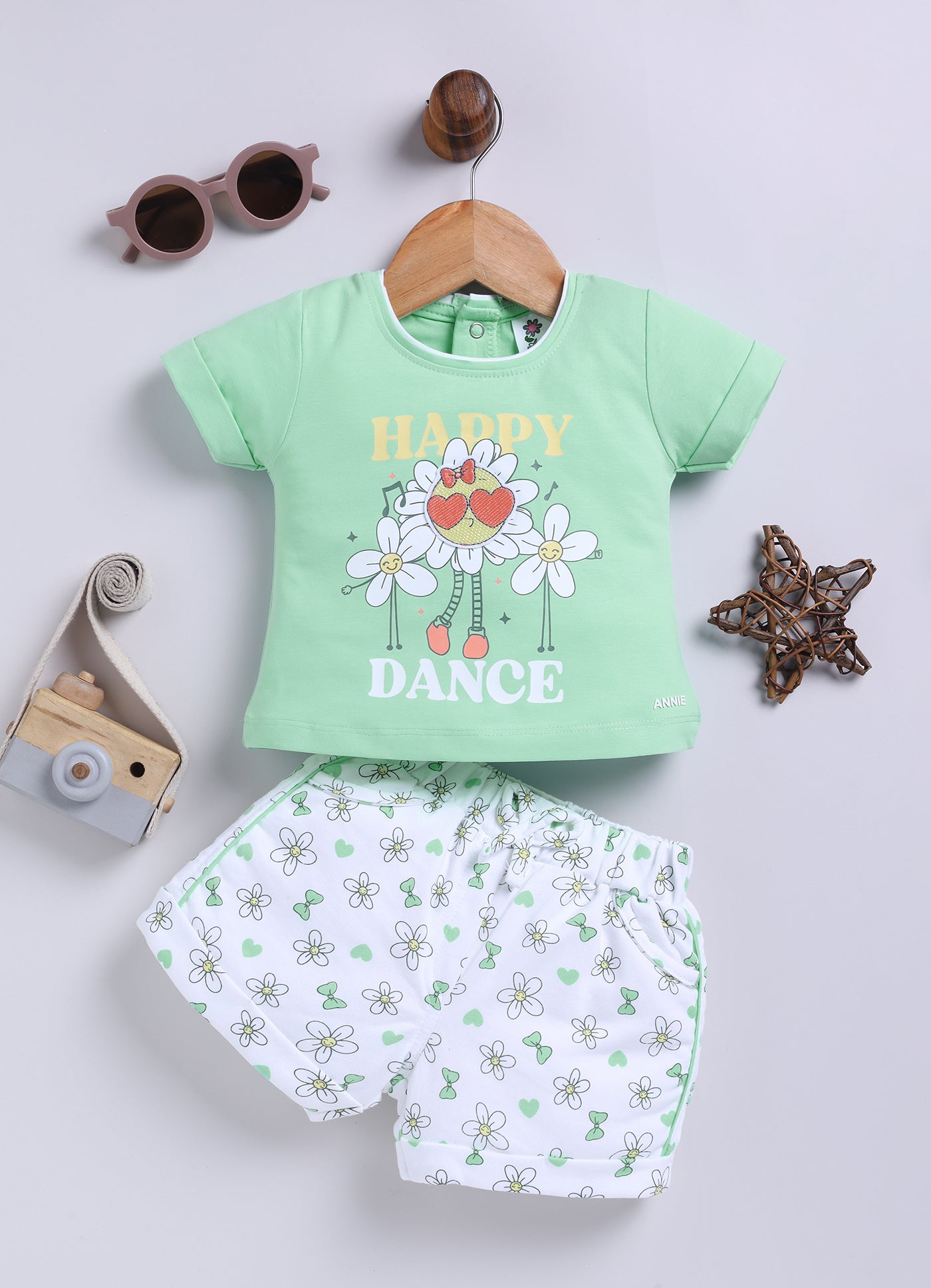 Annie Girls "Happy Dance" Daisy Top and Printed Shorts Set -Green