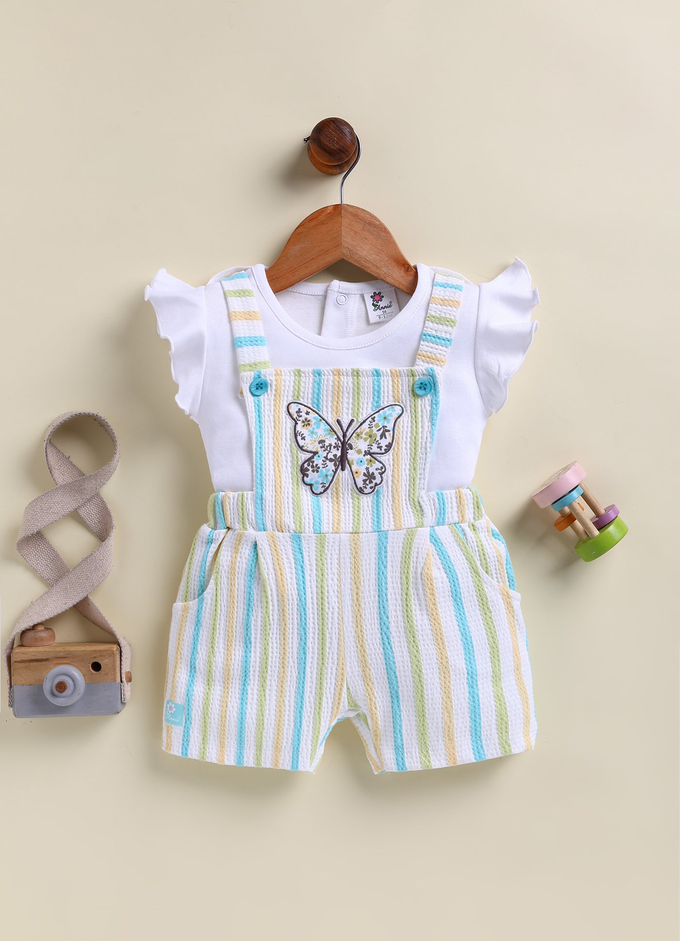 Annie Girls Pastel Striped Butterfly Overalls and Flutter Sleeve Top Set- Blue