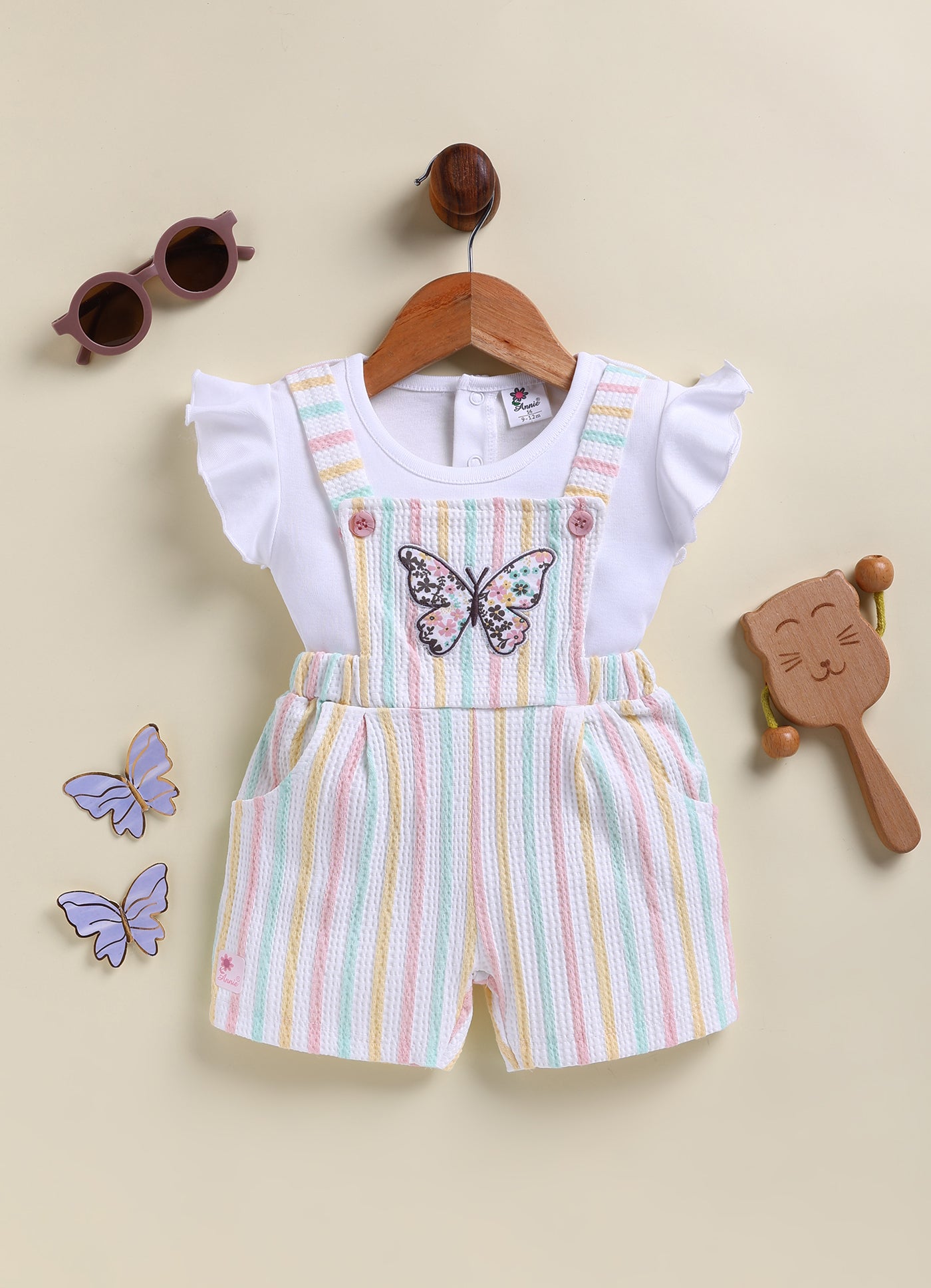 Annie Girls Pastel Striped Butterfly Overalls and Flutter Sleeve Top Set - Pink
