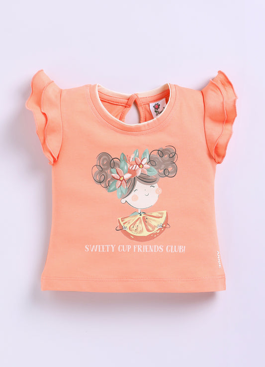 Peach Printed Top Skirt Set for Girls by Annie