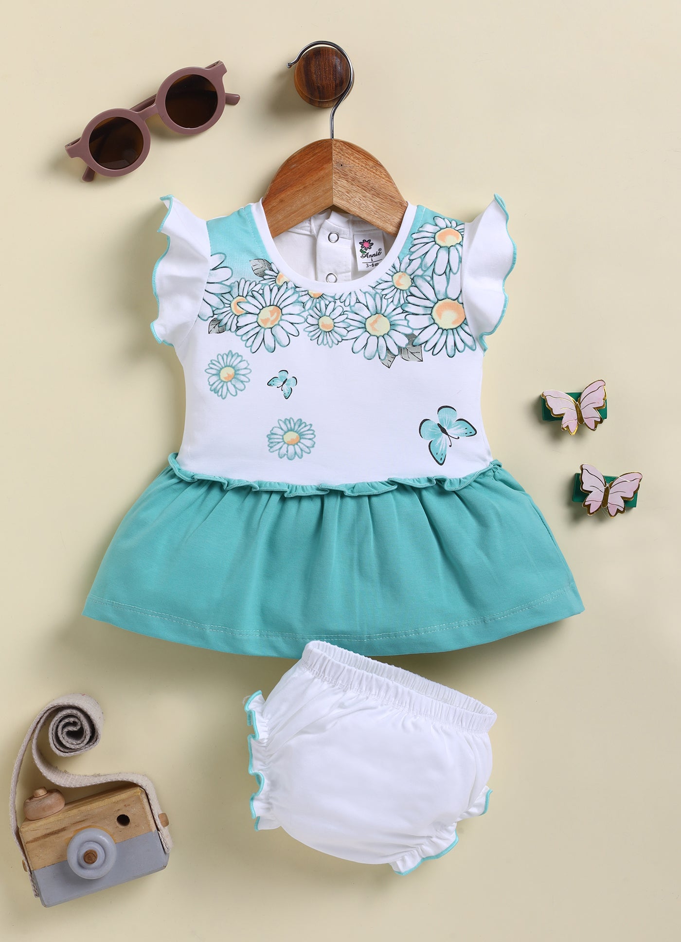 Annie Girls Daisy Butterfly Flutter Frock and Panty Set - Aqua Blue