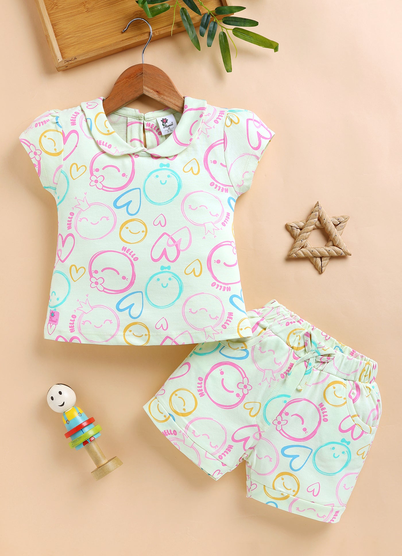 Annie Girls "Hello" Smiley Face Print Top and Shorts Set - Lemon